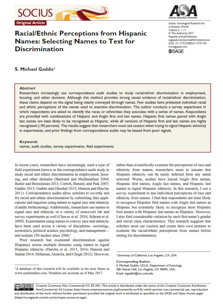 Racial/Ethnic Perceptions from Hispanic Names Selecting Names to Test